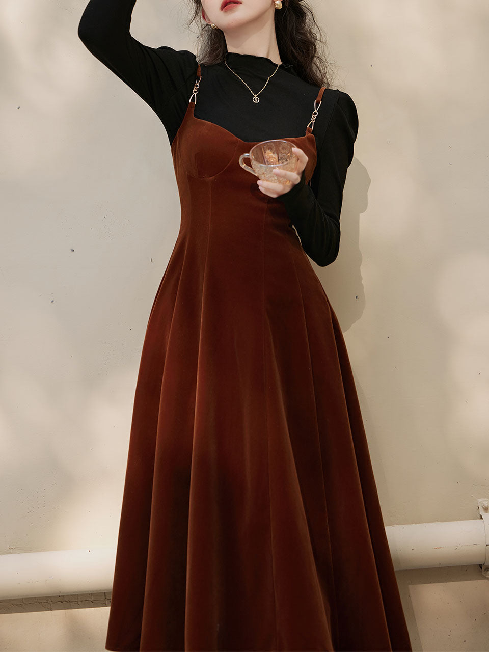 2PS Green Strap Suspender 1950S Dress With Black Sweater, Brown / XS 2PS Green Strap Suspender 1950S Dress With Black Sweater, Brown / XS