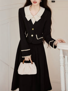 2PS Black Dress With White Collar Top and Swing Skirt Vintage 1950s Suits, Black / S 2PS Black Dress With White Collar Top and Swing Skirt Vintage 1950s Suits, Black / S
