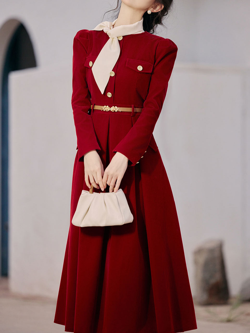 Red Velvet Vintage Dress With Gold Buttons Red / S Red Velvet Vintage Dress With Gold Buttons Red / S