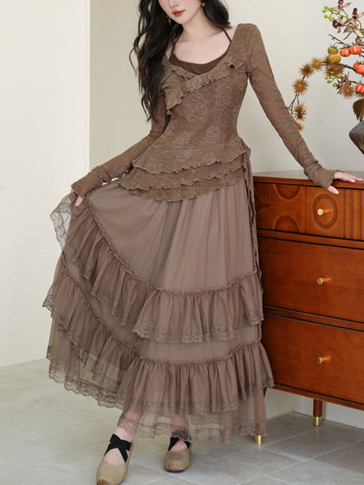 1950S Vintage Brown Rose Top and Swing Skirt Set