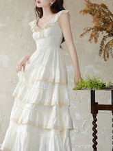 Load image into Gallery viewer, White Ruffles V Neck Layered Lace Maxi Vintage Dress