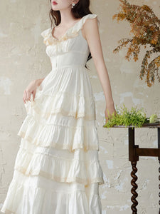 White Ruffles V Neck Layered Lace Maxi Vintage Dress