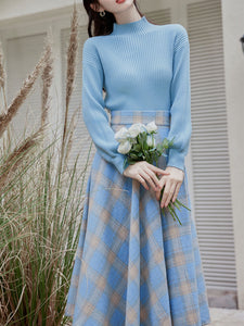 2PS Blue Sweater And Plaid Swing Skirt 1950S Vintage Audrey Hepburn's Style Outfits