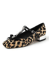 Load image into Gallery viewer, Women&#39;s Flat Heel Leopard Square Toe T-strap Rhinestone Vintage Shoes