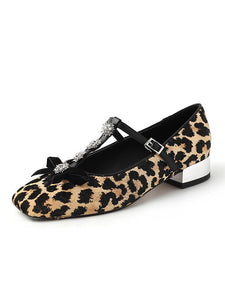 Women's Flat Heel Leopard Square Toe T-strap Rhinestone Vintage Shoes