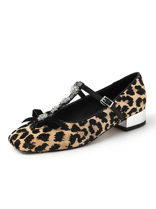Women's Flat Heel Leopard Square Toe T-strap Rhinestone Vintage Shoes
