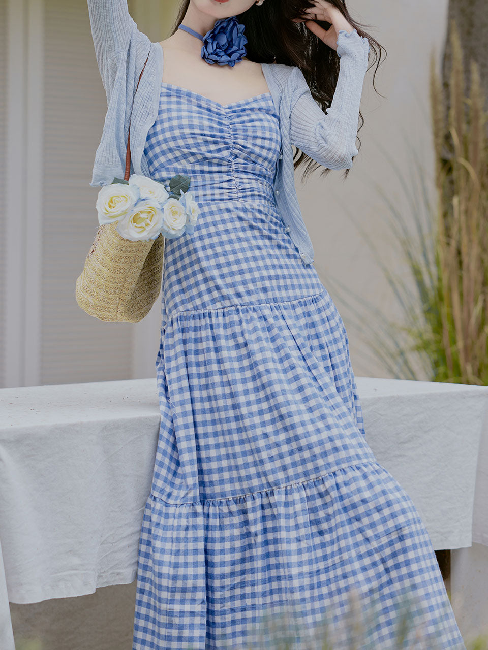 2PS White Floral Print Spaghetti Strap Dress With Blue Shawl Dress Suit, Blue / XS
