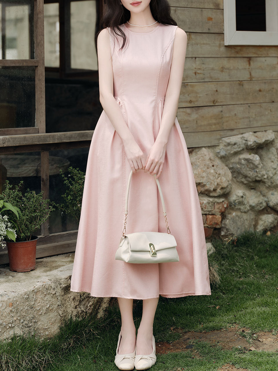 knee length dresses for ladies Pink Crew Neck Audrey Hepburn Inspired Vintage Dress, Pink / S