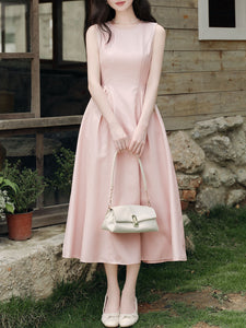 Pink Crew Neck Audrey Hepburn Inspired Vintage Dress
