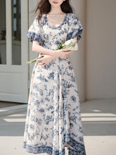 Load image into Gallery viewer, Blue Vintage Pattern Puff Sleeve Victoria Edwardian Dress
