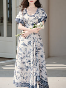Blue Vintage Pattern Puff Sleeve Victoria Edwardian Dress