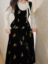 Load image into Gallery viewer, Two-Piece Set White Brushed-Lace Sweater and Black Floral Embroidered Velvet Dress