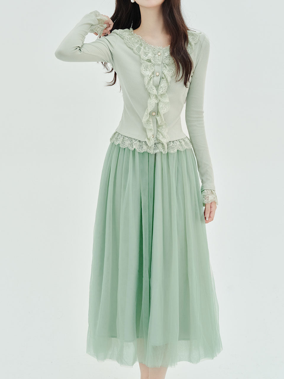 Green Lace Top with Layered Tulle Skirt Enchanted Garden Romantic Vintage Set Green / XS Green Lace Top with Layered Tulle Skirt Enchanted Garden Romantic Vintage Set Green / XS