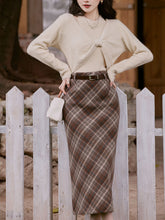 Load image into Gallery viewer, 2PS Red Bow Knitted Sweater Top With Plaid Skirt Vintage 1950s Suits
