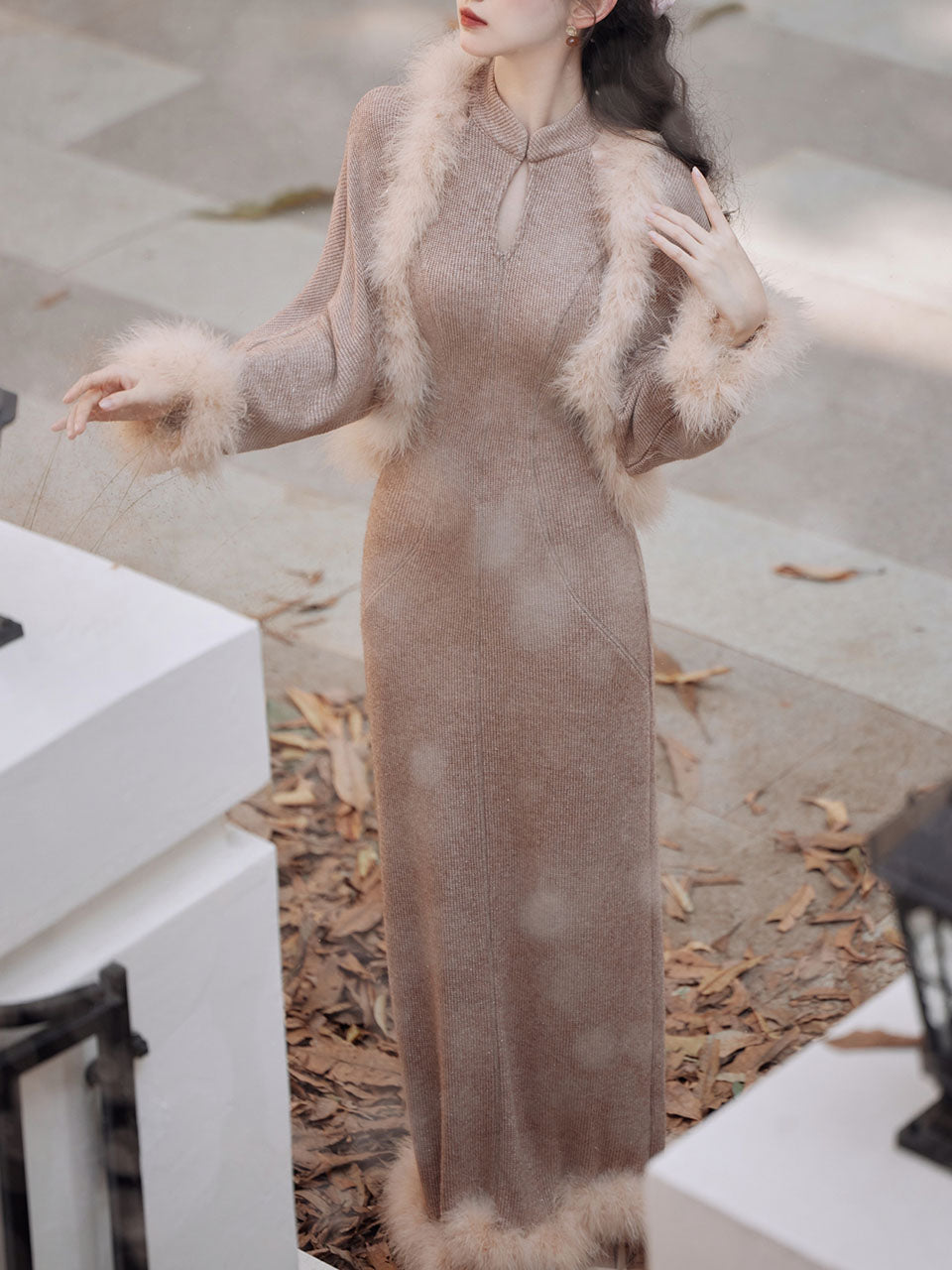 2PS Brown Cheongsam Sleeveless Knit Sweater Dress With Fur Long Sleeve Jolly Vintage 2PS Brown Cheongsam Sleeveless Knit Sweater Dress With Fur Long Sleeve Jolly Vintage