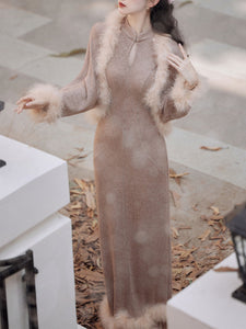 2PS Brown Cheongsam Sleeveless Knit Sweater Dress With Fur Long Sleeve Coat