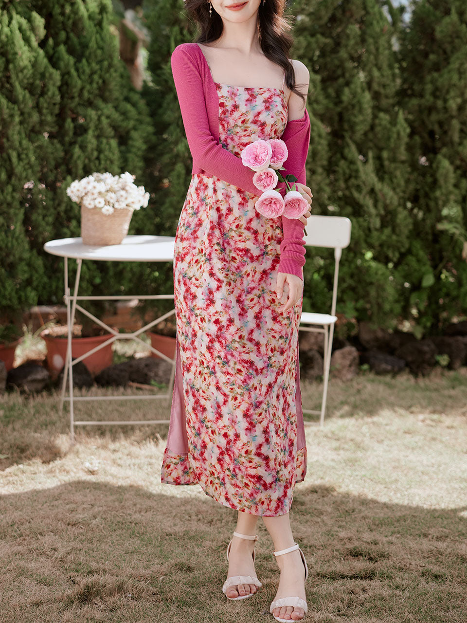 2PS Pink Floral Print Spaghetti Strap Dress With Rose Shawl Dress Suit – Jolly Vintage 2PS Pink Floral Print Spaghetti Strap Dress With Rose Shawl Dress Suit – Jolly Vintage