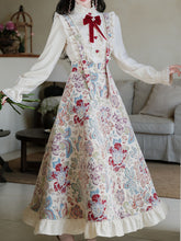Load image into Gallery viewer, 2PS Victorian White Blouse with Floral Embroidered Jumper Skirt  Vintage Set