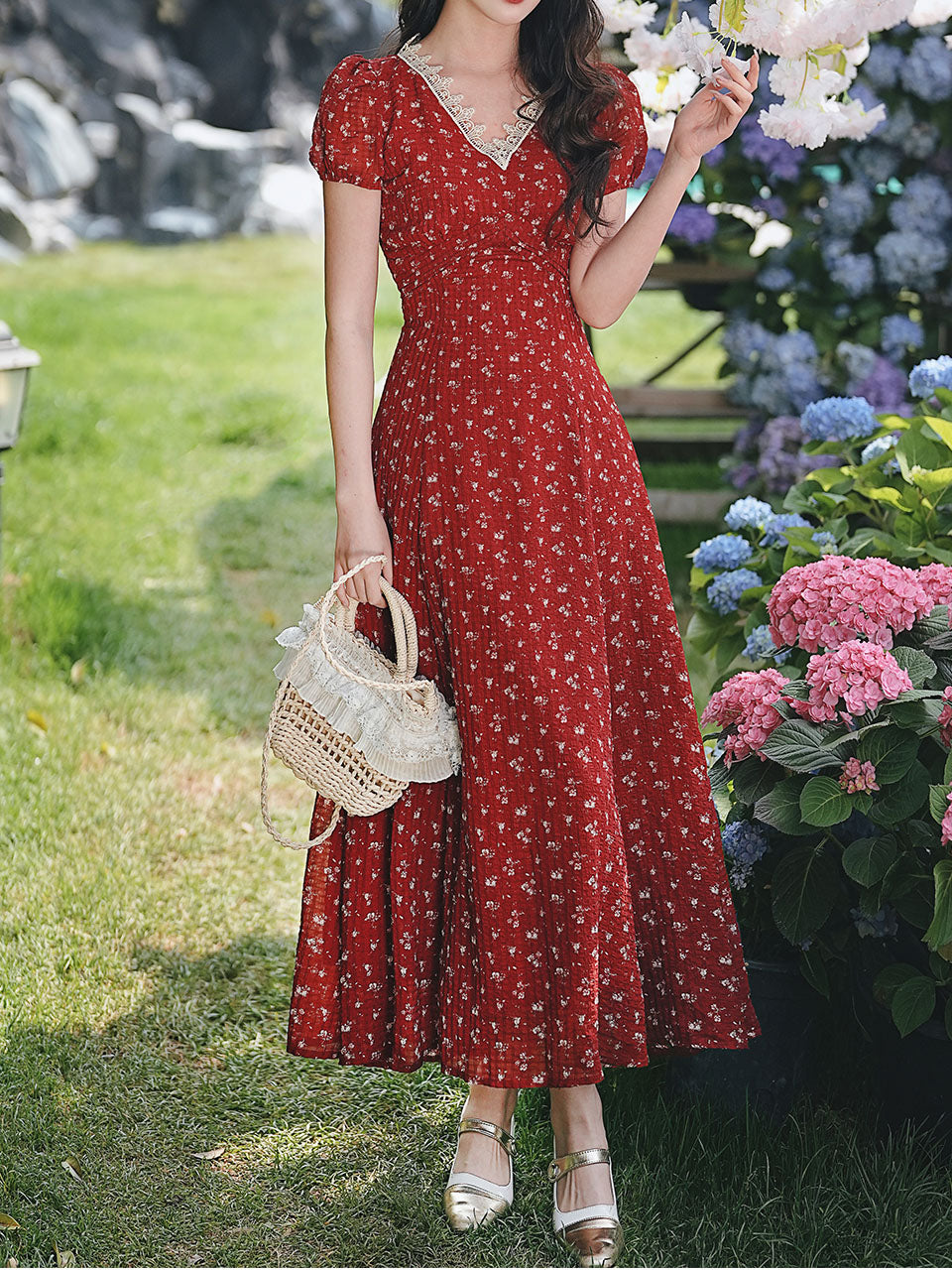 Vintage Red V Neck Lace Floral Print Cotton Little Women Same Style Co –  Jolly Vintage