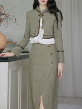 Load image into Gallery viewer, 2PS Green Ruffles Top And Slit Gold Distressed Buttons Skirt 1950s Suit
