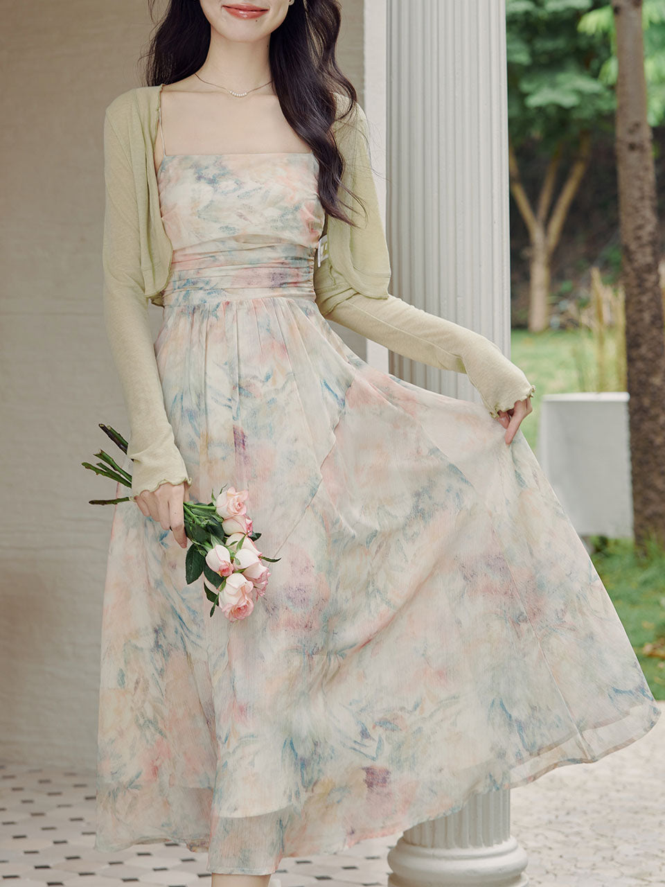 2PS Light Pink Floral Print Spaghetti Strap Dress With Green Shawl Dress Suit, Green / S 2PS Light Pink Floral Print Spaghetti Strap Dress With Green Shawl Dress Suit, Green / S