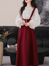Load image into Gallery viewer, 2PS White Long Sleeve Blouse And Red Supender Skirt Dress Set