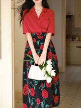 Load image into Gallery viewer, 2PS Red Casual Shirt and High Waist Rose Print Skirt Outfit