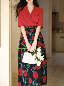 2PS Red Casual Shirt and High Waist Rose Print Skirt Outfit