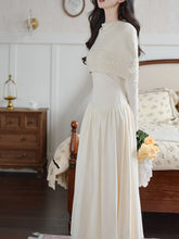 Load image into Gallery viewer, White Two-Piece Set Pearl Beaded Long Sleeve Dress with Cable Knit Cape