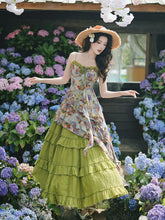 Load image into Gallery viewer, 2PS Boho Gypsy Floral Asymmetrical Maxi Dress Whimsical Green Crinkled Tiered Ruffle Dress for Festival