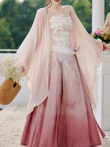 Pink Floral Tube Top and Horse-face Skirt 1950s Cardigan Suit