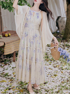 Purple Round Neck Ruffle Vintage Maxi Dress with White Chiffon Cardigan