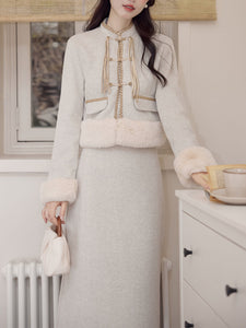 2PS Apricot Warm Thickened Top and Skirt Suit With Fake Fur Hem