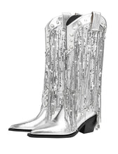 Load image into Gallery viewer, 7CM Luxury Silver Fringed Chunky Heel  Boots Vintage Shoes