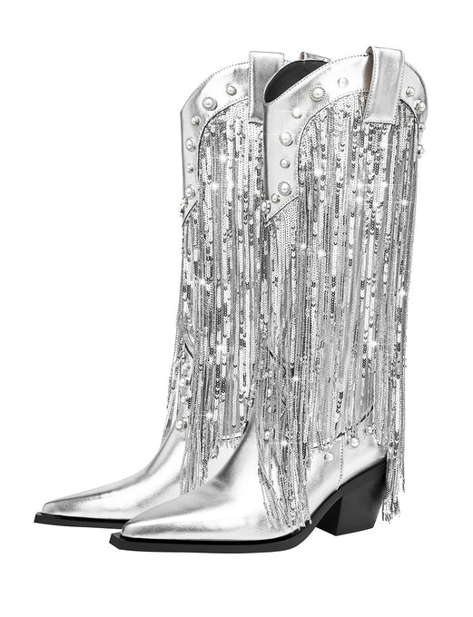 7CM Luxury Silver Fringed Chunky Heel  Boots Vintage Shoes