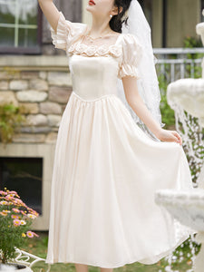 Apricot Square Collar Rose Handmade Short Sleeve Vintage 1950S Dress