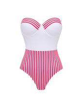 Load image into Gallery viewer, Pink and White Vertical Striped Bandeau One-Piece Swimsuit with Bathing Suit Skirt