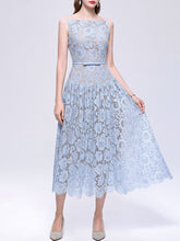 Load image into Gallery viewer, White Floral Sleeveless Boat Neck A-Line Wedding Lace Dress
