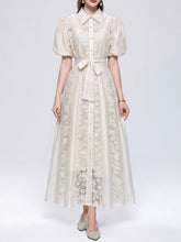 Load image into Gallery viewer, Pink Floral Lace Puff Short Sleeves A-Line Midi  Shirt Dress