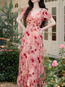 Pink V Neck Rose Print Vintage Dress