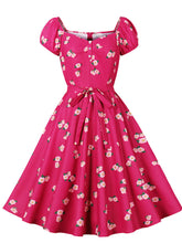 Load image into Gallery viewer, Fuchsia Floral Print Sweet Heart Collar Cap Sleeve 1950S Vintage Swing Dress