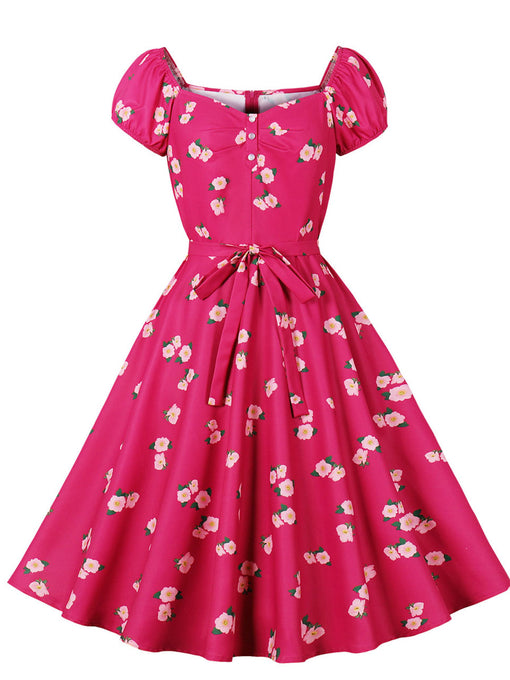 Fuchsia Floral Print Sweet Heart Collar Cap Sleeve 1950S Vintage Swing Dress