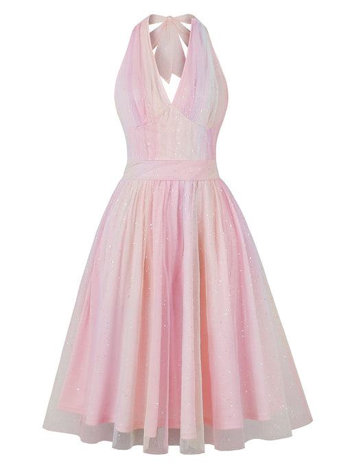Rainbow Sequins V Neck Halter Sleeveless 1950S Vintage Dress