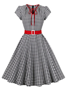 Black And White Plaid V Neck 1950S Vintage Dress