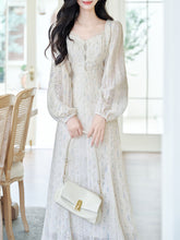 Load image into Gallery viewer, White Printed V-Neck Lace Lantern Sleeve Mermaid Dress