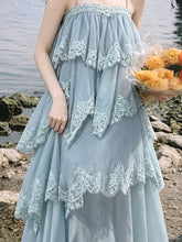 Load image into Gallery viewer, Blue Lace Spaghetti Strap Irregular Tiered Maxi Dress