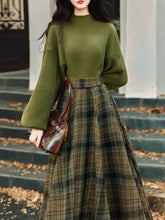 Load image into Gallery viewer, 2PS Green Sweater And Plaid Swing Skirt 1950S Vintage Audrey Hepburn's Style Outfits