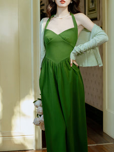 Green Halter Backless Vintage Dress Prom Dress With Short Cardigan, Green / S Green Halter Backless Vintage Dress Prom Dress With Short Cardigan, Green / S