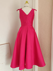 Rose Luxury Button V Neck High Waist Swing Party Dress With Pockets