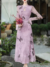 Load image into Gallery viewer, 1950S Vintage Purple Butterfly Print Long Sleeve Swing Dress